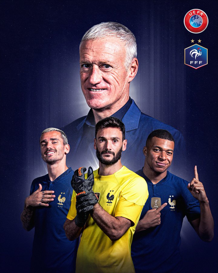 欧足联官推晒法国队海报：我们今天身披蓝色战袍 加油法国队